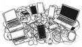 A chaotic tangle of cords ensnares multiple laptops, smartphones Royalty Free Stock Photo