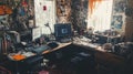 Chaotic Workspace Of An Artist Or Engineer. Overflowing With Papers, Electronics, And Creative Clutter Royalty Free Stock Photo