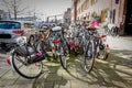 Chaotically parked abondoned bicycles on the streets of the Netherlands