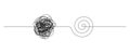 Chaotically tangled line and spiral knot in form of circle. The concept of solving problems is easy. Doodle vector