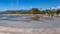 Chapala, Jalisco / Mexico, January 20th, 2020. Fountain spraying the ground with water on the promenade of Lake Chapala