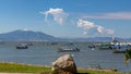 Chapala, Jalisco / Mexico, January 20th, 2020. Chapala lake with motor boats and pelicans on the calm waters