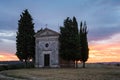 Chapel Capella della Madonna di Vitaleta in Val d` Orcia, Tuscany, Italy at Sunrise Royalty Free Stock Photo