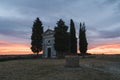 Chapel Capella della Madonna di Vitaleta in Val d` Orcia, Tuscany, Italy at Sunrise Royalty Free Stock Photo