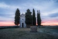 Chapel Capella della Madonna di Vitaleta in Val d` Orcia, Tuscany, Italy at Sunrise Royalty Free Stock Photo