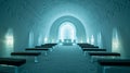 A chapel made of ice with an altar and benches, lit by candles Royalty Free Stock Photo