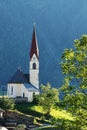 Chapel on the meadow. Bell tower, trees, shrubs and hilly green grassland. Royalty Free Stock Photo