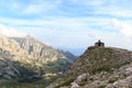 Chapel of Rifugio Agostini and mountain alps panorama in Brenta Dolomites, Italy Royalty Free Stock Photo