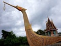 The chapel shape as Royal Barge Suphannahong at Chalor Temple in Nonthaburi Thailand