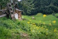 The chapel St. Johann down the Val di Funes valley in South Tyrol, Italy. Field of blossoming sommer flower in Royalty Free Stock Photo
