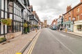 Chapel Street with Mercure Shakespeare Hotel and shops of the historic town of Stratford-Upon-Avon.