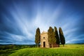 Chapel in Tuscany landscape at sunrise. Typical for the region tuscan farm house, hills, vineyard. Italy Fresh Green tuscany Royalty Free Stock Photo