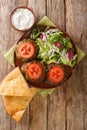 Chapli Kebab or Kabab minced kebab made from ground mutton with various spices in the shape of a patty closeup in the plate.