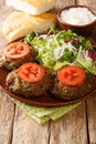 Chapli Kebab or Kabab minced kebab made from ground mutton with various spices in the shape of a patty closeup in the plate.