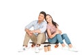 Chappy asian couple sitting on longboard