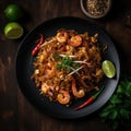 Char Koay Teow seafood, fried flat noodle flat lay Generative AI