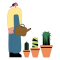 Gardener working cactus flat vector isolated illustration. Working people tending garden. Royalty Free Stock Photo