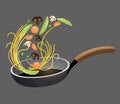Spaghetti with vegetables cooking in a pan vector illustration Royalty Free Stock Photo