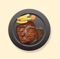Juicy tasty steak on a black plate vector illustration