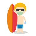 Character from Australia dressed in the traditional way as a surfer with his surfboard and with surgical mask and latex gloves