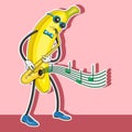 Character banana plays the saxophone with glasses and tie, vector image