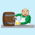 Character bartender pours beer from a barrel into a glass. Vector image