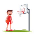 Character a basketball player on the field with a basketball hoop. score a goal.