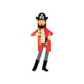 Cartoon flat character of bearded pirate captain holding bottle of rum and flintlock pistol in hands