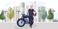 Character biker with helmet, motorcycle, stay on city background, cartoon vector illustration. Biker walking street