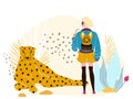 Character blond female, drink cup, cheetah beast, concept wildlife banner, isolated in white, flat vector illustration.