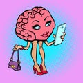 Character brain woman with a smartphone