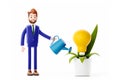 Character business man idea creation concept. A new idea from a light bulb and a plant. Growing an idea 3D illustration Royalty Free Stock Photo