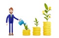 Character business man idea creation concept. A new idea from a light bulb and a plant. Growing an idea 3D illustration Royalty Free Stock Photo