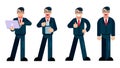 Character Businessman with different poses, working and presenting process gestures, actions and poses. Vector cartoon Royalty Free Stock Photo