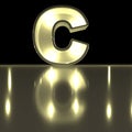 Character C font with reflection. Light bulb glowing letter alph