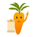 Character carrot speaks about proper nutrition, raised a finger up.