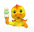 Character cartoon dragon with poster holding ice cream 3d render