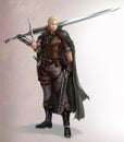 Character cartoon illustration of a male fantasy warrior with sword and shotgun.