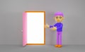 Character cartoon man open door with lot of light on gray walls room ,mockup template concept ,3d render Royalty Free Stock Photo