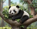 Character cartoon panda resting on the branch of tree