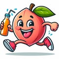 A character of a cheerful peach who runs happily while holding a bottle of juice on a white background