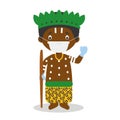 Character from Congo dressed in the traditional way and with surgical mask and latex gloves