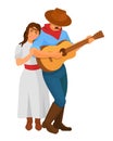 Character cowboy playing the guitar next to a beautiful girl. Royalty Free Stock Photo