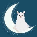 The character of cute alpaca on the half moon with a star. Illustration for banner, sticker and poster for baby rooms.