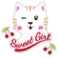 The character of cute beautiful cat isolated on the white background with the cherry. Royalty Free Stock Photo