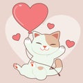 The character of cute cat grabs the heart balloon on the pink background. The character of cute cat with the heart balloon in love