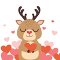 The character of cute deer smiling ang holding a heart on the white background. The character of cute deer hugging a heart. The ch