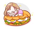 Character of cute girl sleeping on delicious burger or sandwich ham isolated on white background with fast food meal