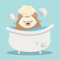 The character of cute hedgehog wear a shower cap and bathing on the blue background. The cute hedgehog holding a brush and wear a