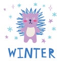 The character of cute hedgehog on the white background in flat vector style. Text Winter Illustration about graphic Royalty Free Stock Photo